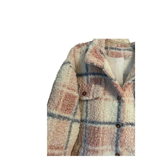 Plaid Teddy Jacket - Cream and Pink - Picture 2 of 5
